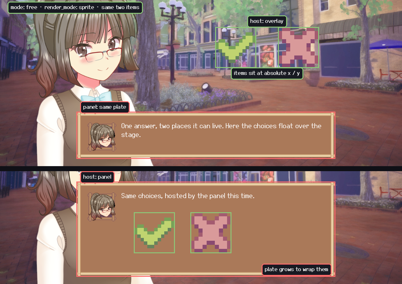 Two dialogue scenes with the same two sprite choices: the upper one floats the choices over the stage with host overlay, the lower one lets the dialogue plate grow around them with host panel