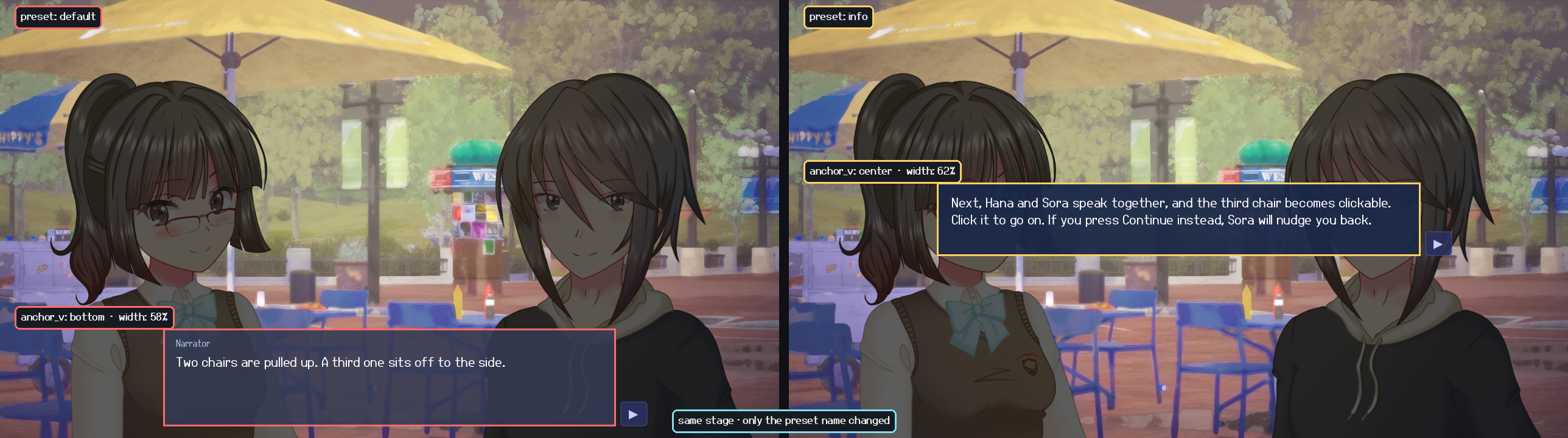 Same park scene twice: left panel sits on the bottom as preset default; right panel is centred and recoloured as preset info